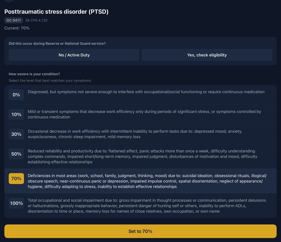 VA Ready on iPad, Pro view: the 38 CFR 4.130 rating criteria for PTSD, diagnostic code 9411, listing the 0, 10, 30, 50, 70 and 100 percent break points in full with 70 percent selected.