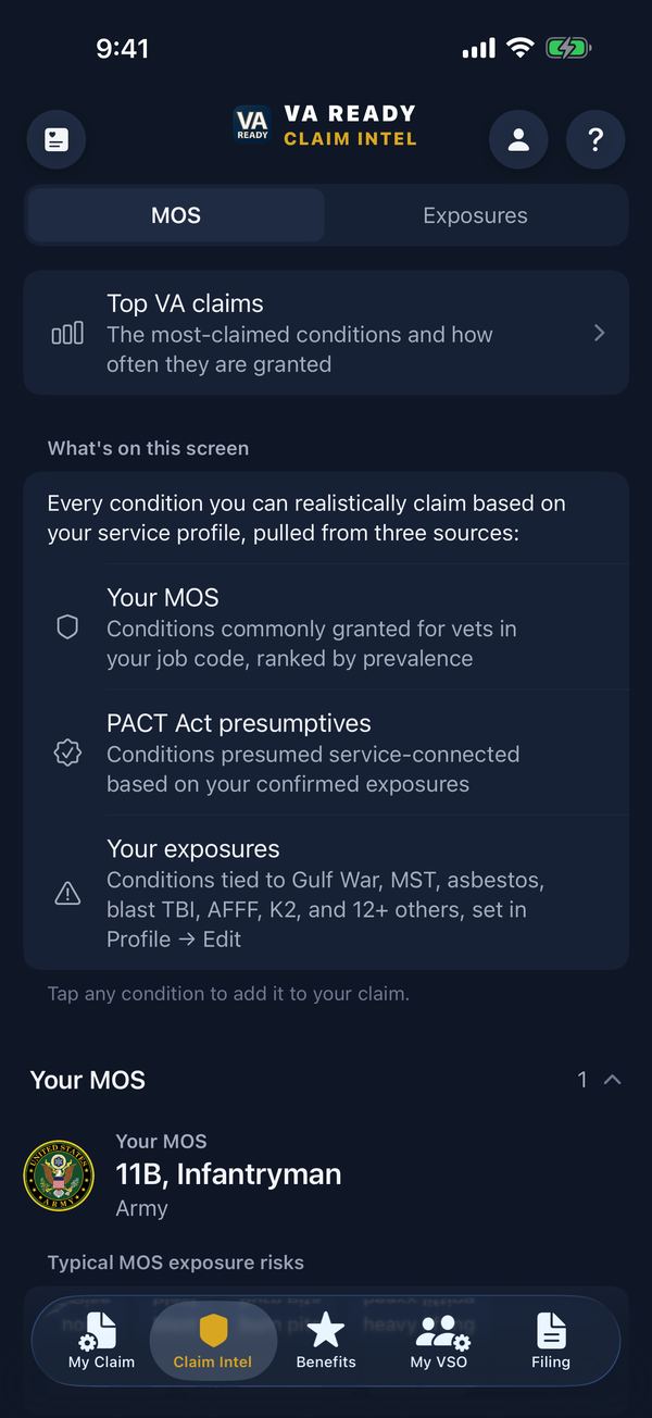VA Ready 3.0 Claim Intel screen for an Army 11B Infantryman, listing conditions commonly granted for the job code, PACT Act presumptives and conditions tied to saved exposures.